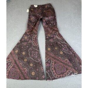 FREE PEOPLE Flare Paisley Jeans Women 26 Brown Just Float On High Rise Raw Hem